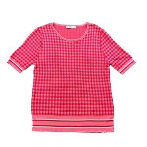 ZARA Knit Pink Gingham Check Short Sleeve Sweater Top Blouse Women's L